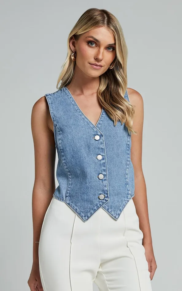 Showpo Adriene Top 8211 Button Through Denim Vest In Mid Blue Wash Women Denim