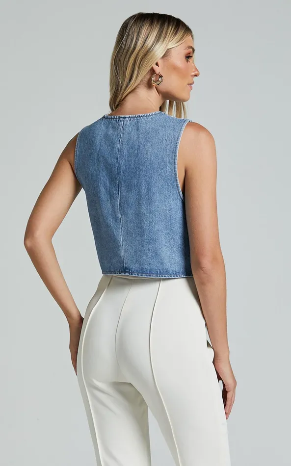 Showpo Adriene Top 8211 Button Through Denim Vest In Mid Blue Wash Women Denim