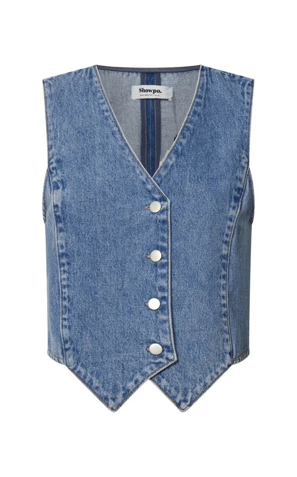 Showpo Adriene Top 8211 Button Through Denim Vest In Mid Blue Wash Women Denim