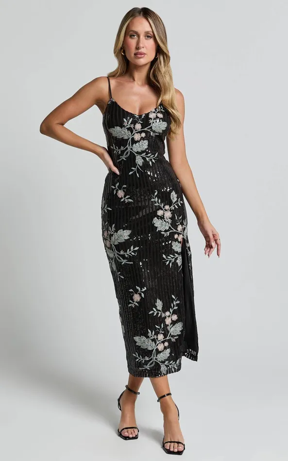 Showpo Adrienne Midi Dress 8211 Sequin Embroidered Slip Dress In Black Women Dresses