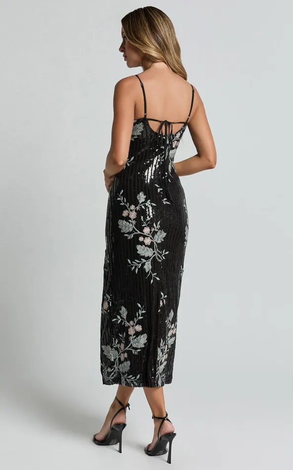 Showpo Adrienne Midi Dress 8211 Sequin Embroidered Slip Dress In Black Women Dresses
