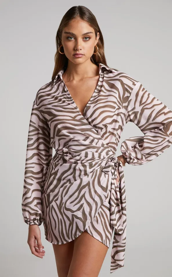 Showpo Aegir Mini Dress 8211 Collared Long Sleeve Wrap Dress In Wild Zebra Women Dresses