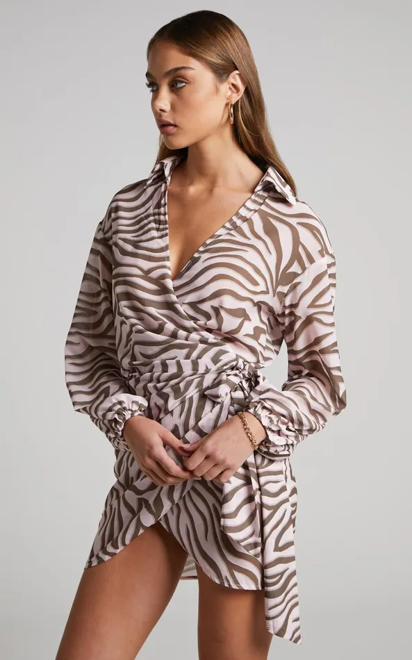Showpo Aegir Mini Dress 8211 Collared Long Sleeve Wrap Dress In Wild Zebra Women Dresses
