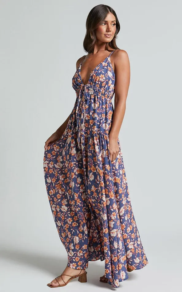 Showpo Aelita Maxi Dress 8211 Strappy Tie Front Dress In Navy Floral Women Dresses