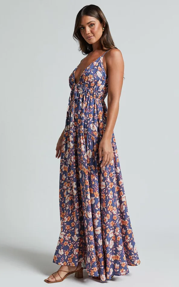 Showpo Aelita Maxi Dress 8211 Strappy Tie Front Dress In Navy Floral Women Dresses