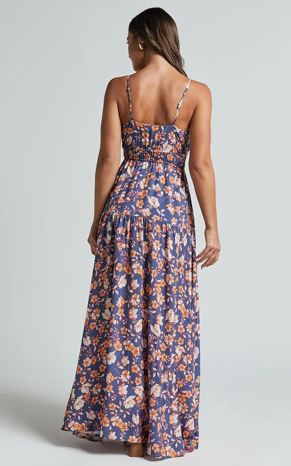 Showpo Aelita Maxi Dress 8211 Strappy Tie Front Dress In Navy Floral Women Dresses