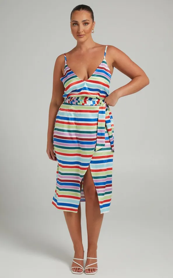 Showpo Aelwin Top 8211 Plunge Cami Top In Multi Stripe Satin Women Tops