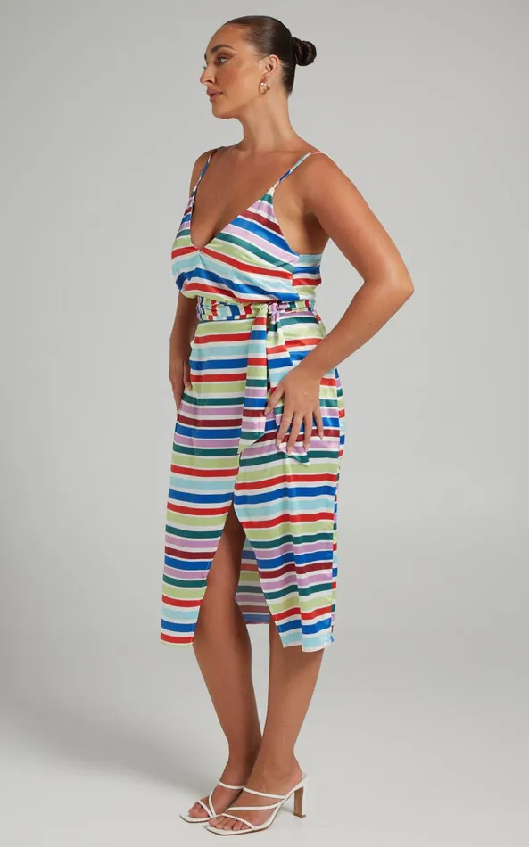 Showpo Aelwin Top 8211 Plunge Cami Top In Multi Stripe Satin Women Tops