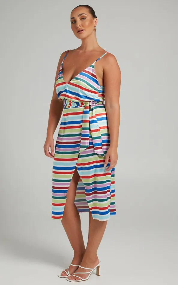Showpo Aelwin Top 8211 Plunge Cami Top In Multi Stripe Satin Women Tops