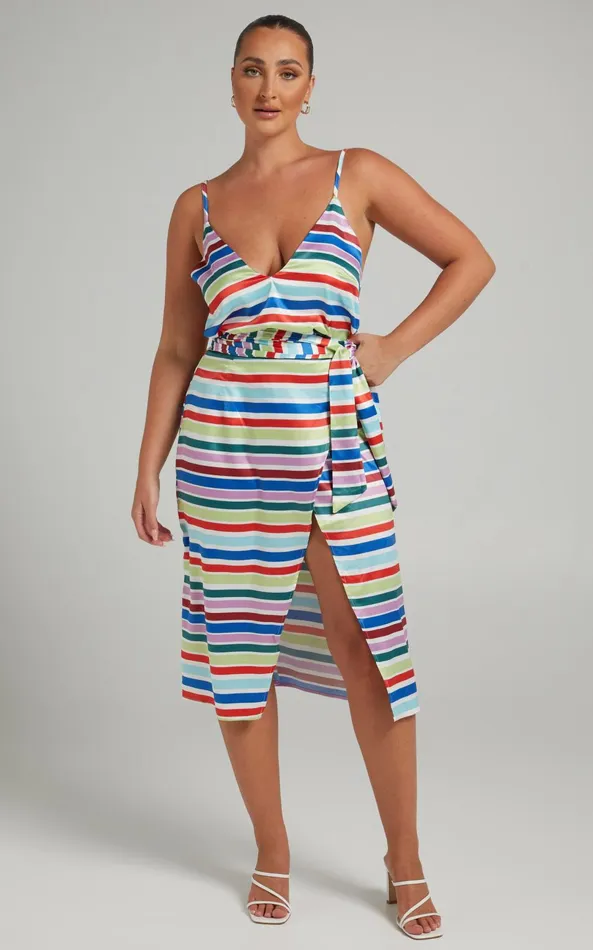 Showpo Aelwin Top 8211 Plunge Cami Top In Multi Stripe Satin Women Tops