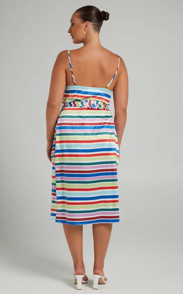 Showpo Aelwin Top 8211 Plunge Cami Top In Multi Stripe Satin Women Tops