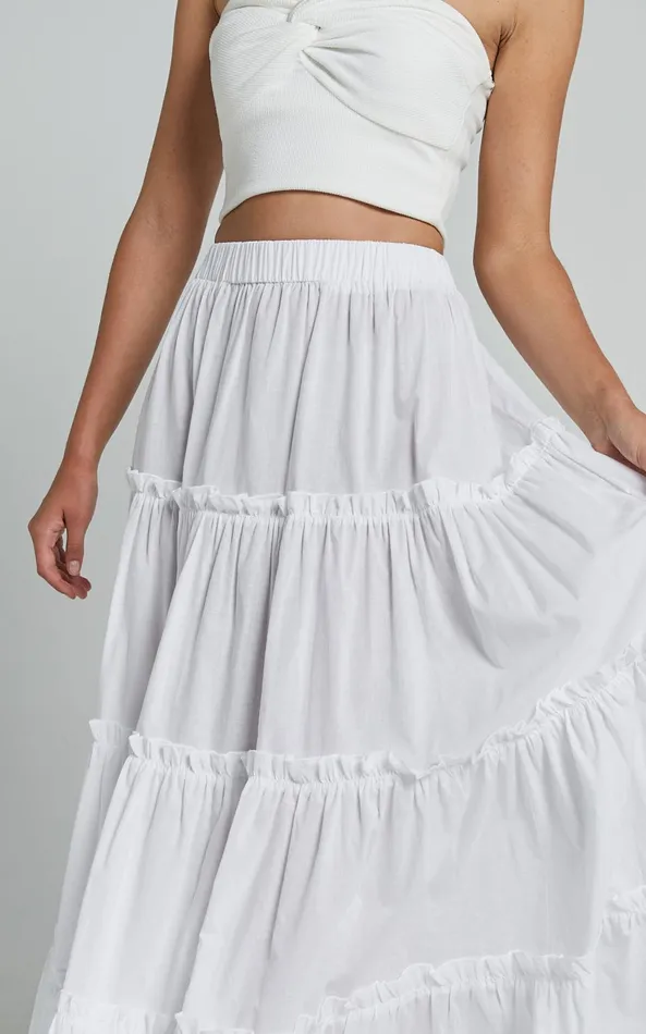 Showpo Aeonium Maxi Skirt 8211 Cotton Elasticated Waist Tiered Skirt In Off White Women Skirts
