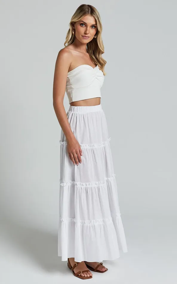 Showpo Aeonium Maxi Skirt 8211 Cotton Elasticated Waist Tiered Skirt In Off White Women Skirts