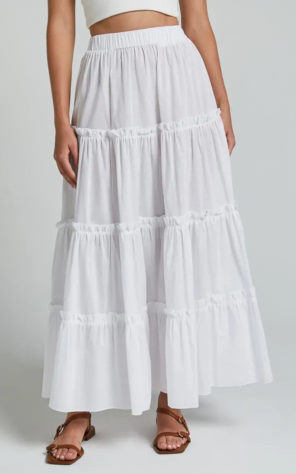 Showpo Aeonium Maxi Skirt 8211 Cotton Elasticated Waist Tiered Skirt In Off White Women Skirts
