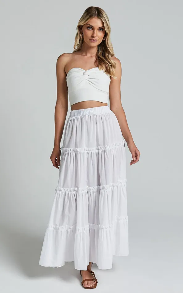 Showpo Aeonium Maxi Skirt 8211 Cotton Elasticated Waist Tiered Skirt In Off White Women Skirts