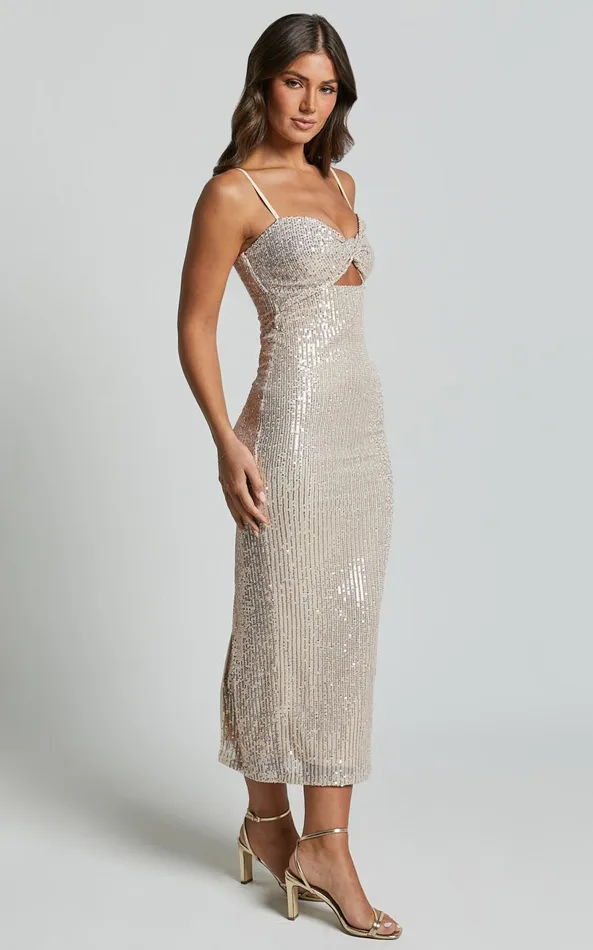 Showpo Agatha Maxi Dress 8211 Sequin Twist Front Cut Out Dress In Gold Women Dresses