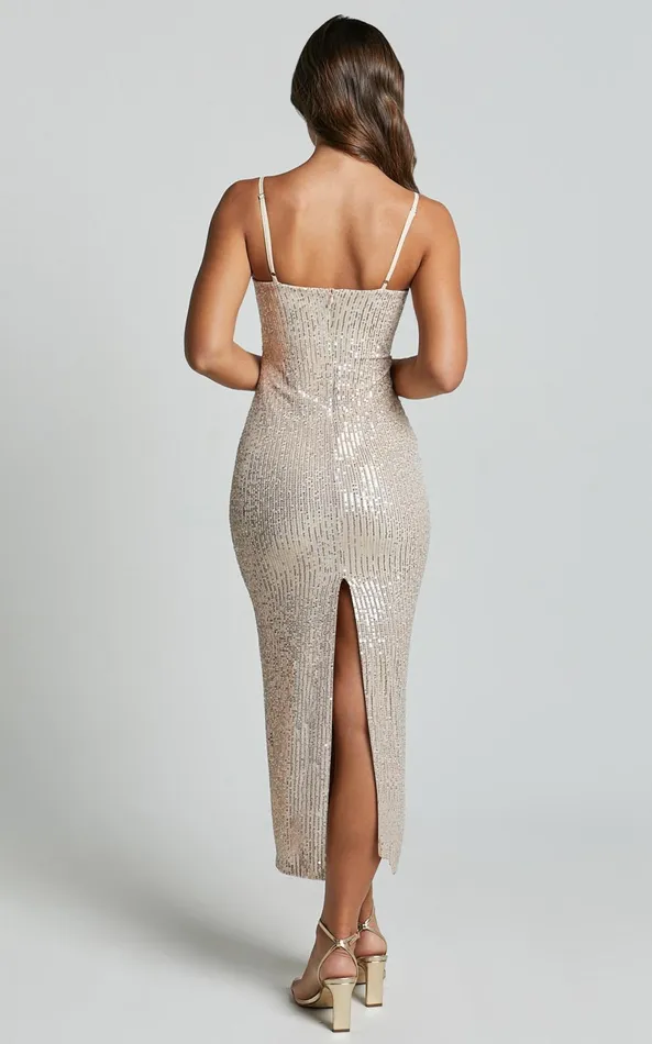 Showpo Agatha Maxi Dress 8211 Sequin Twist Front Cut Out Dress In Gold Women Dresses