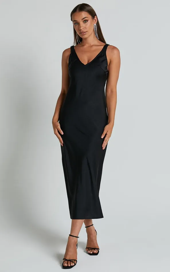 Showpo Agnia Midi Dress 8211 Plunge Neck Elasticated Back Strap Detail Satin Slip Dress In Black Women Dresses Showpo Agnia Midi Dress 8211 Plunge Neck Elasticated Back Strap Detail Satin Slip Dress In Black Women Dresses