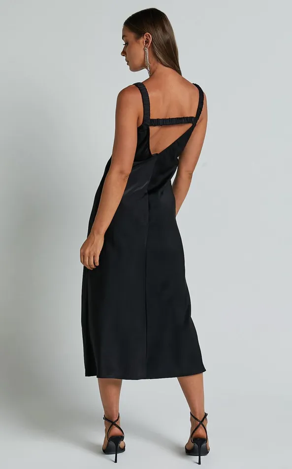 Showpo Agnia Midi Dress 8211 Plunge Neck Elasticated Back Strap Detail Satin Slip Dress In Black Women Dresses