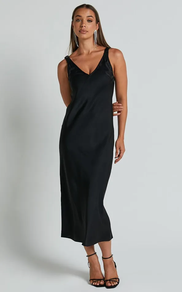 Showpo Agnia Midi Dress 8211 Plunge Neck Elasticated Back Strap Detail Satin Slip Dress In Black Women Dresses