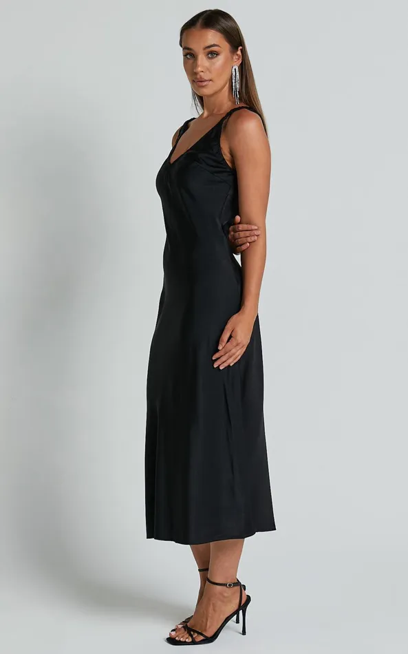 Showpo Agnia Midi Dress 8211 Plunge Neck Elasticated Back Strap Detail Satin Slip Dress In Black Women Dresses