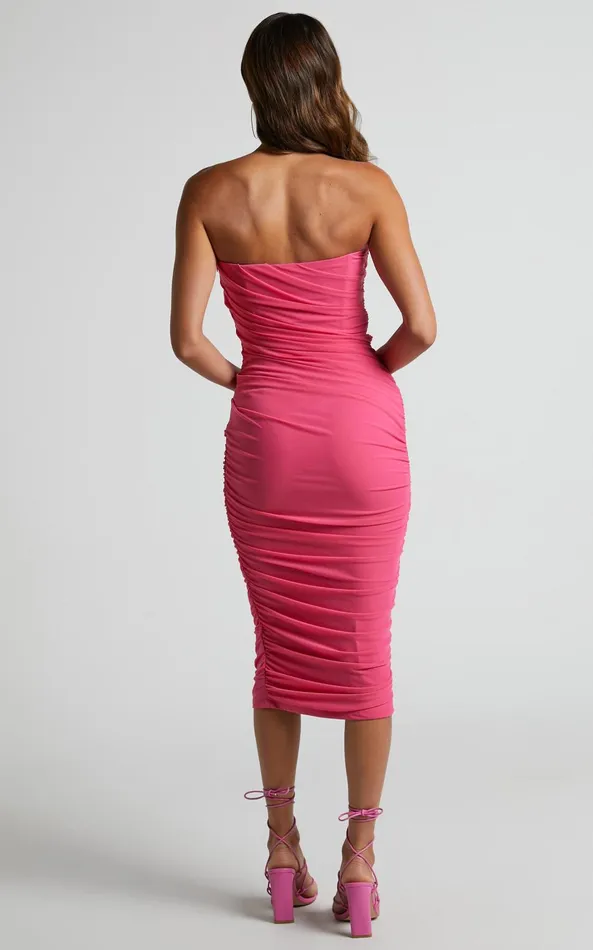 Showpo Agora Midi Dress 8211 Bodycon Gathered Strapless Dress In Hot Pink Women Dresses Showpo Agora Midi Dress 8211 Bodycon Gathered Strapless Dress In Hot Pink Women Dresses