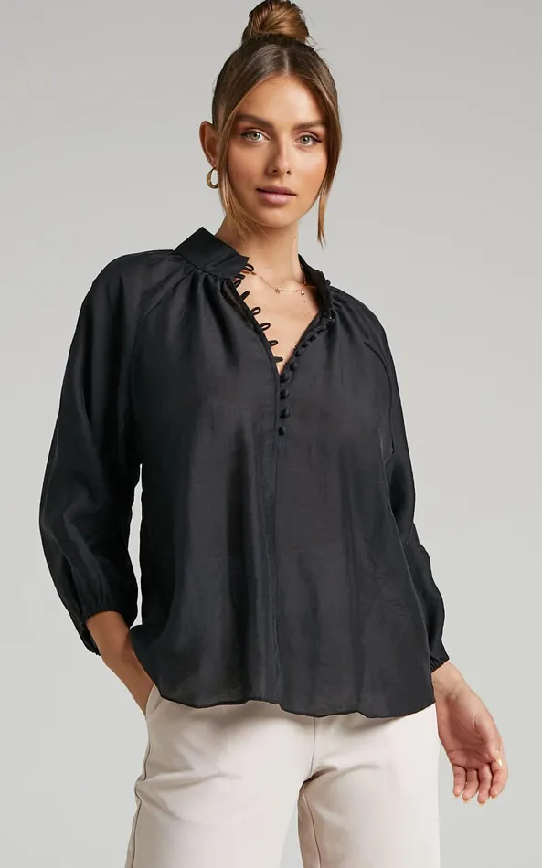Showpo Aida Blouse 8211 Linen Look High Neck Button Blouse In Black Women Tops Showpo Aida Blouse 8211 Linen Look High Neck Button Blouse In Black Women Tops