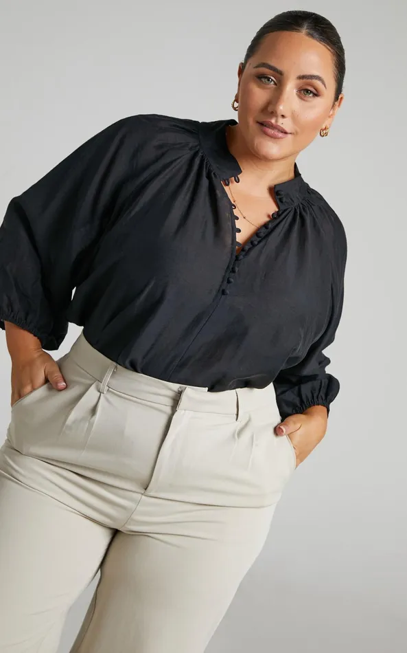 Showpo Aida Blouse 8211 Linen Look High Neck Button Blouse In Black Women Tops