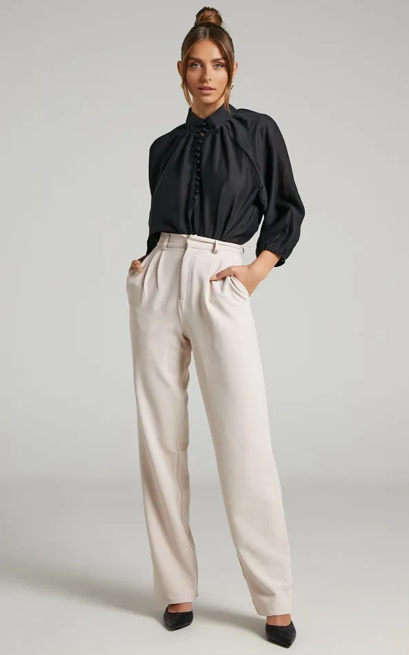 Showpo Aida Blouse 8211 Linen Look High Neck Button Blouse In Black Women Tops