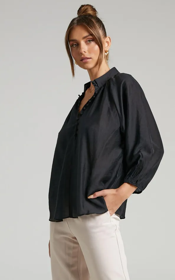 Showpo Aida Blouse 8211 Linen Look High Neck Button Blouse In Black Women Tops