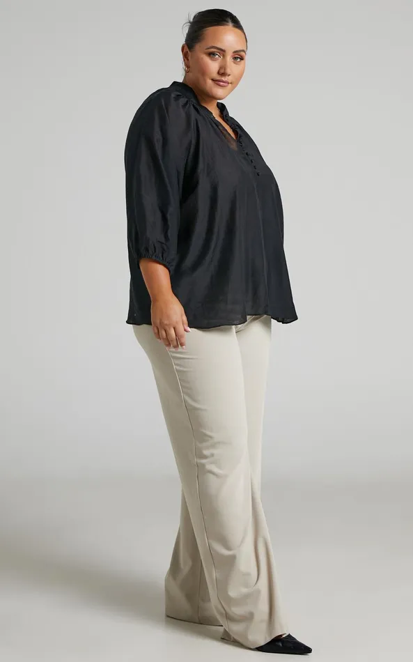 Showpo Aida Blouse 8211 Linen Look High Neck Button Blouse In Black Women Tops