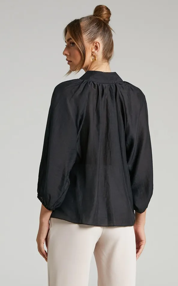 Showpo Aida Blouse 8211 Linen Look High Neck Button Blouse In Black Women Tops
