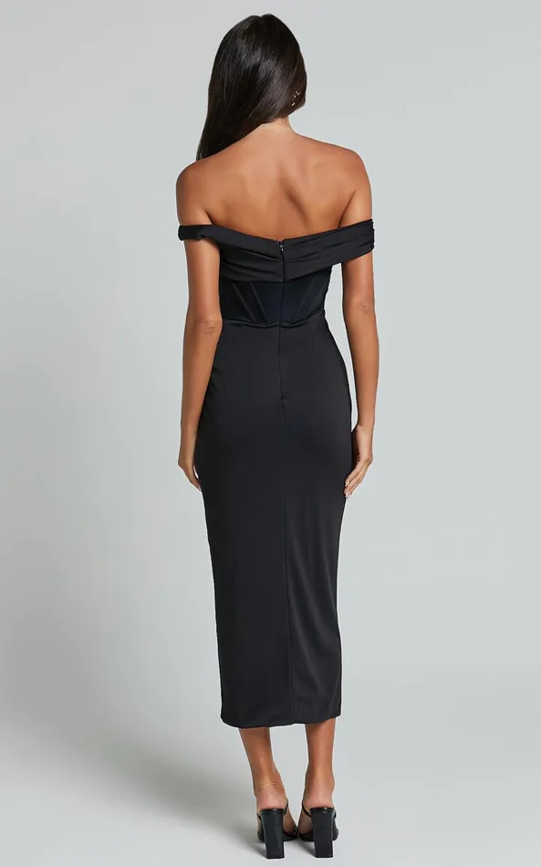 Showpo Aidia Midi Dress 8211 One Shoulder Draped Corset Dress In Black Women Dresses