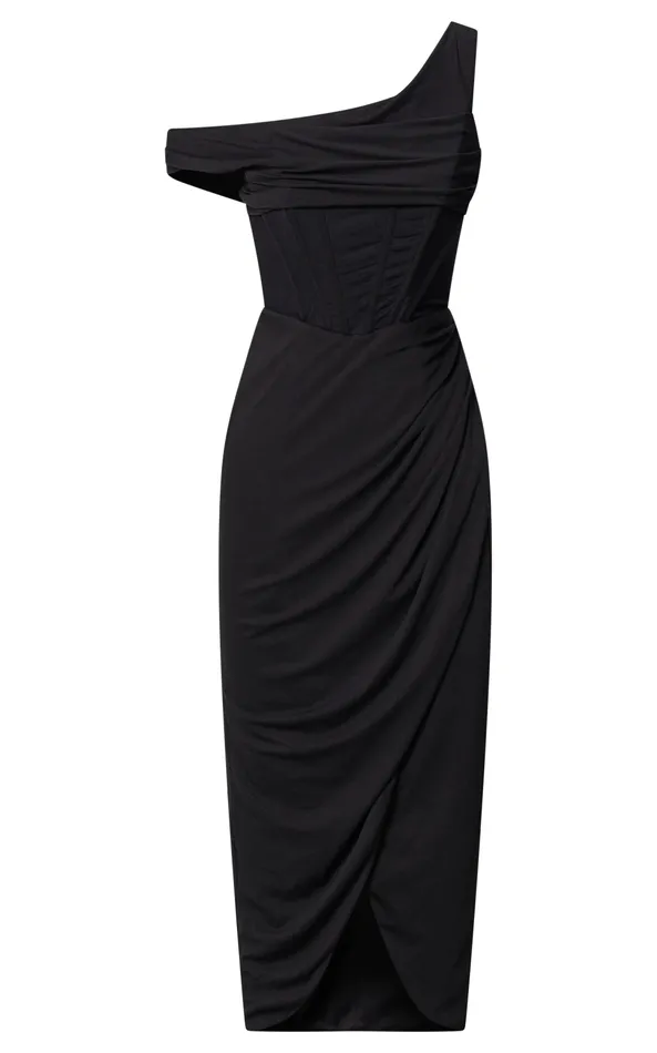 Showpo Aidia Midi Dress 8211 One Shoulder Draped Corset Dress In Black Women Dresses