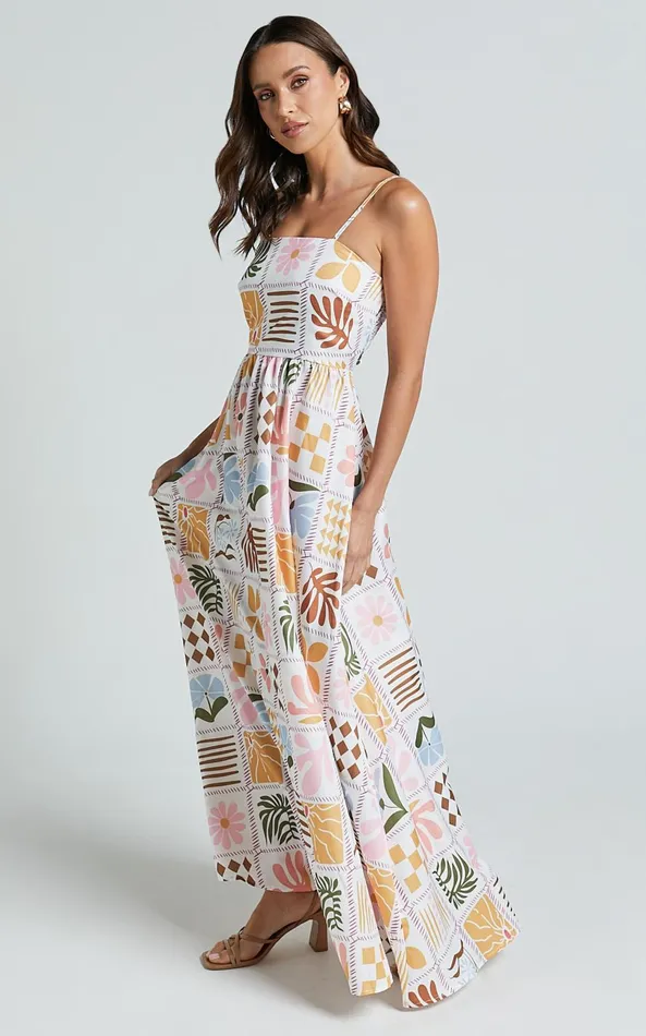 Showpo Aileen Midi Dress 8211 Straight Neck Sleeveless Slip Dress In Pink Print Women Dresses