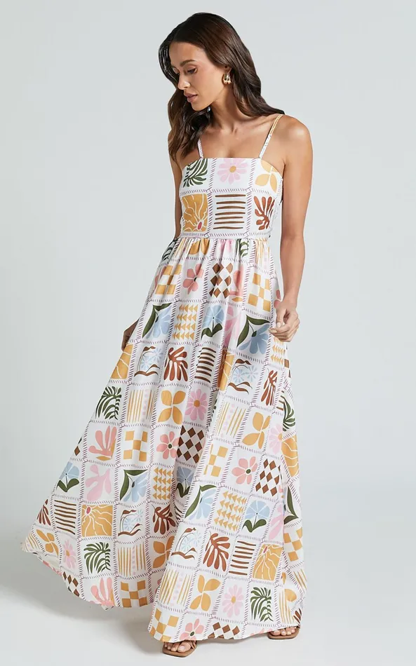 Showpo Aileen Midi Dress 8211 Straight Neck Sleeveless Slip Dress In Pink Print Women Dresses