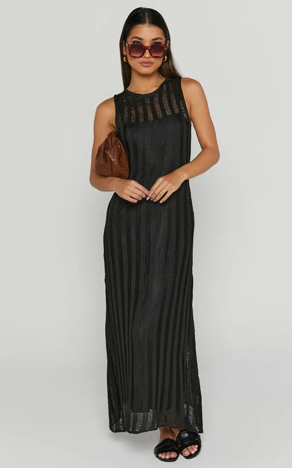 Showpo Aimee Midi Dress 8211 Sleeveless Flared Knit Dress In Black Women Dresses