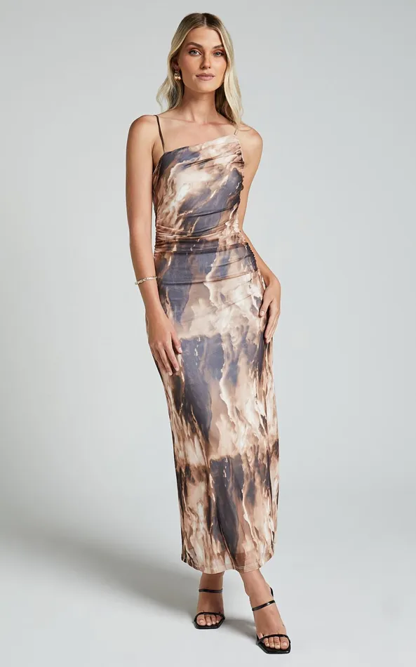 Showpo Aimee Midi Dress Mesh One Shoulder Ruched Dress In Brown Women Dresses Showpo Aimee Midi Dress Mesh One Shoulder Ruched Dress In Brown Women Dresses