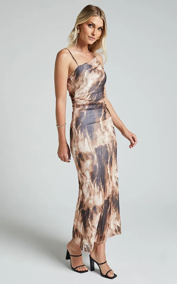 Showpo Aimee Midi Dress Mesh One Shoulder Ruched Dress In Brown Women Dresses