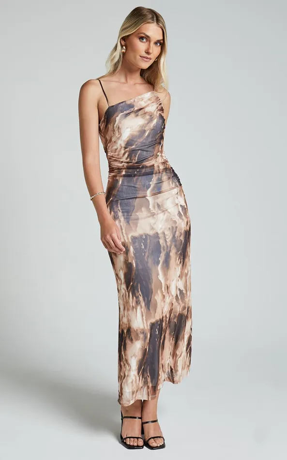 Showpo Aimee Midi Dress Mesh One Shoulder Ruched Dress In Brown Women Dresses