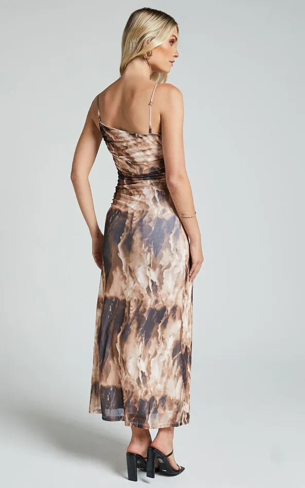 Showpo Aimee Midi Dress Mesh One Shoulder Ruched Dress In Brown Women Dresses