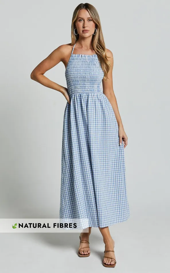 Showpo Aimie Midi Dress 8211 Strappy Halter Neck Shirred Top In Blue Gingham Check Women Dresses Showpo Aimie Midi Dress 8211 Strappy Halter Neck Shirred Top In Blue Gingham Check Women Dresses
