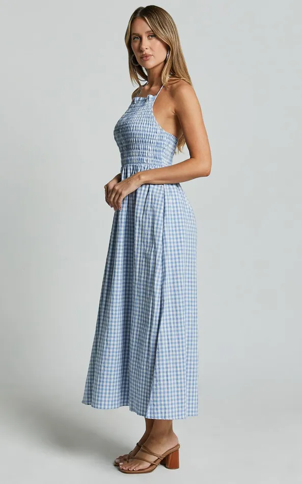 Showpo Aimie Midi Dress 8211 Strappy Halter Neck Shirred Top In Blue Gingham Check Women Dresses