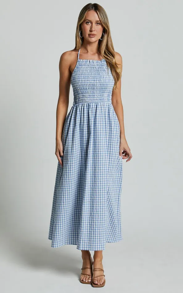 Showpo Aimie Midi Dress 8211 Strappy Halter Neck Shirred Top In Blue Gingham Check Women Dresses