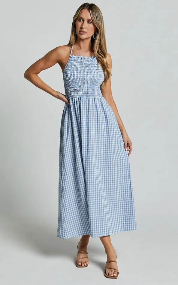 Showpo Aimie Midi Dress 8211 Strappy Halter Neck Shirred Top In Blue Gingham Check Women Dresses