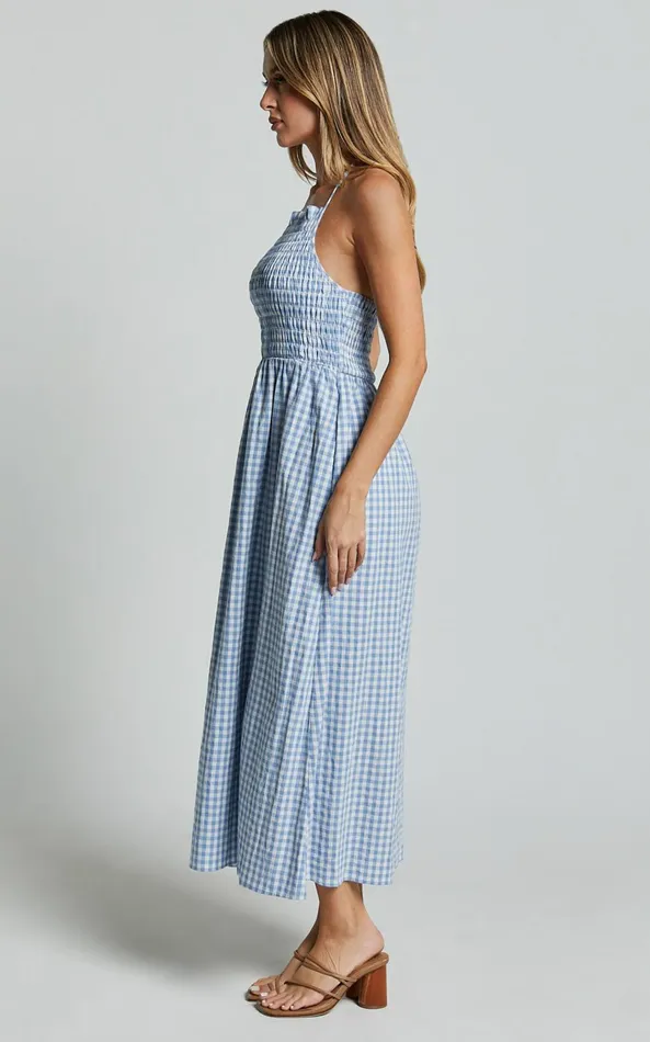 Showpo Aimie Midi Dress 8211 Strappy Halter Neck Shirred Top In Blue Gingham Check Women Dresses