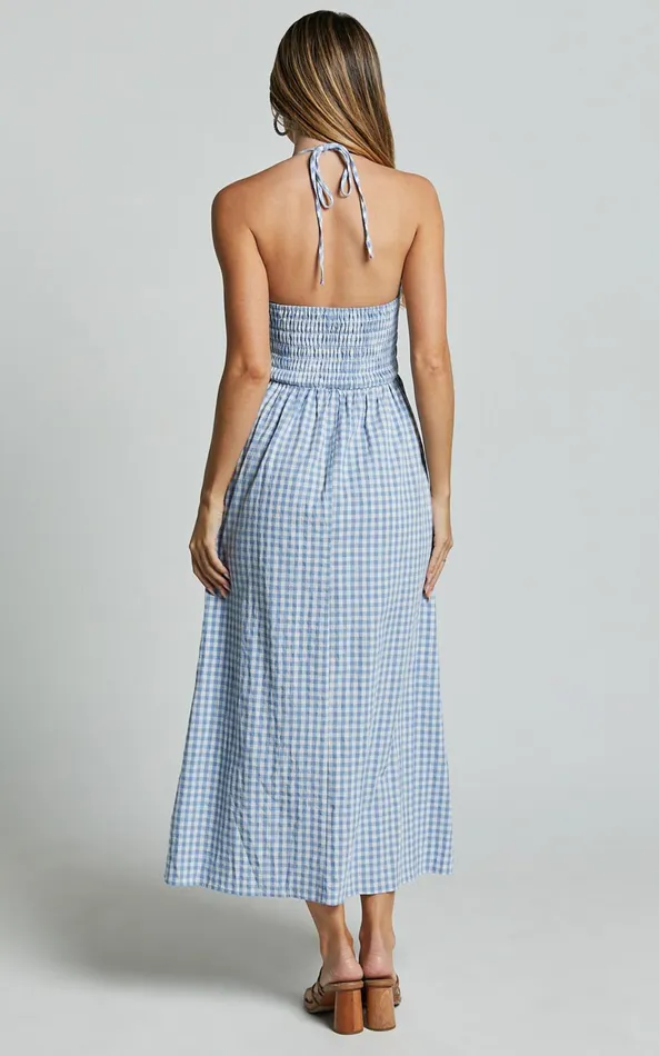 Showpo Aimie Midi Dress 8211 Strappy Halter Neck Shirred Top In Blue Gingham Check Women Dresses