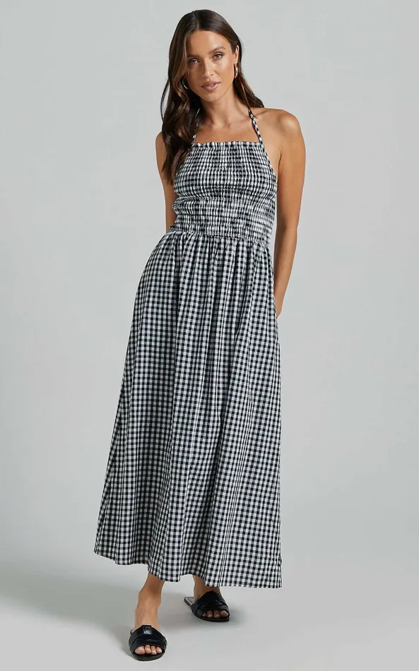 Showpo Aimie Midi Dress 8211 Strappy Halter Neck Shirred Top In White Check Women Dresses Showpo Aimie Midi Dress 8211 Strappy Halter Neck Shirred Top In White Check Women Dresses