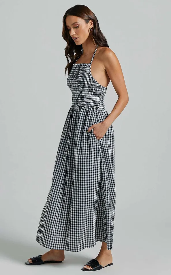 Showpo Aimie Midi Dress 8211 Strappy Halter Neck Shirred Top In White Check Women Dresses