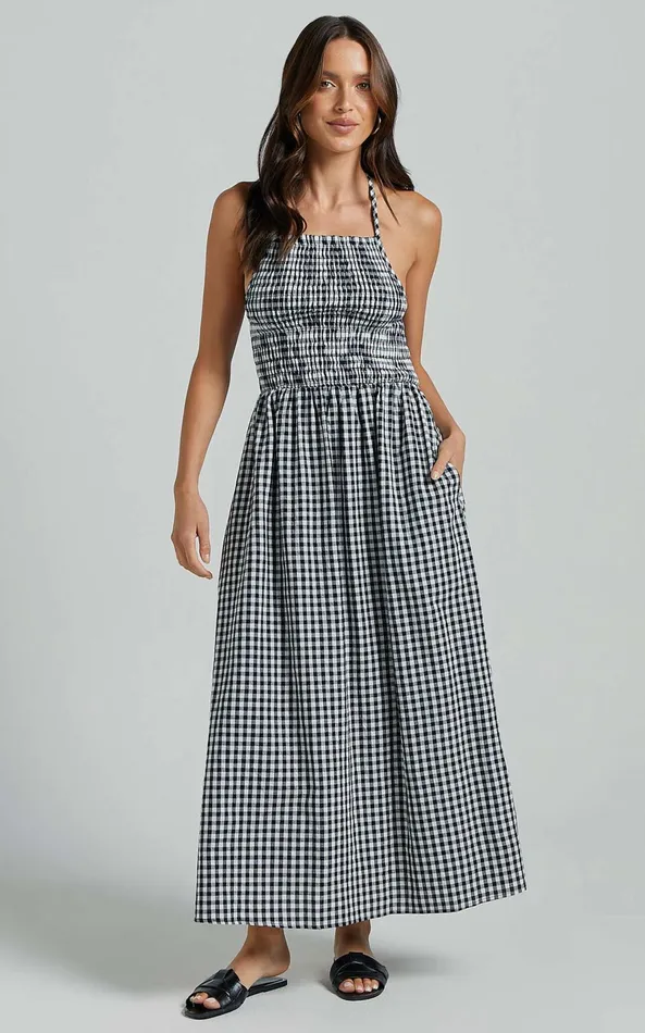 Showpo Aimie Midi Dress 8211 Strappy Halter Neck Shirred Top In White Check Women Dresses